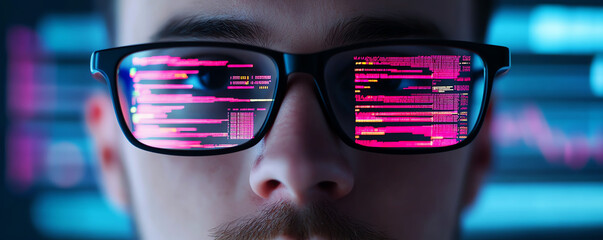 Close-up of glasses reflecting coding on screen, representing technology and programming concepts.