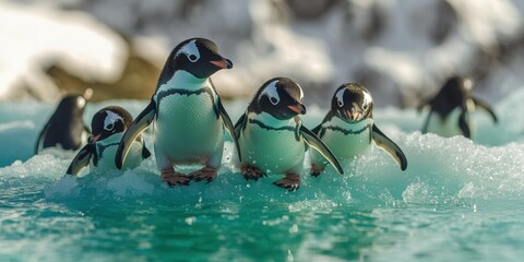 Poster - Group of Adorable Penguins Swimming in Crystal Clear Arctic Ocean with Icebergs in Background - Wildlife Adventure with Playful Marine Birds on Snowy Day