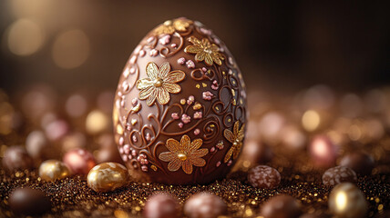 Wall Mural - Easter chocolate egg. A painted Easter egg. Golden Easter egg. Easter card and chocolate painted egg.