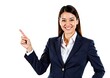 © Syuhuud - Beautiful Businesswoman pointing finger to the left, up, and right on white background.