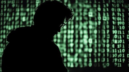 Silhouette of a Man Against a Blurred Green Screen of Binary Code