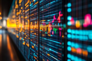 Fototapete - Colorful digital data visualization on large screens in a modern office setting during the day