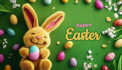 Cute Yellow Happy Easter Bunny Pink Ears Holding Egg Festive Colorful Eggs Green Grass Tulips Background