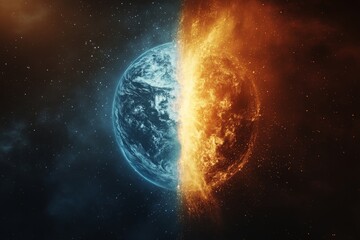 Poster - Planet Earth split between the cool blue of oceans and the fiery orange of a volcanically active surface