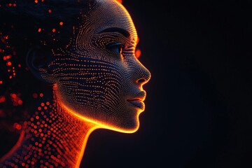 Fototapete - Portrait of a woman with glowing digital patterns depicting advanced technology and artificial intelligence concepts in a dark setting