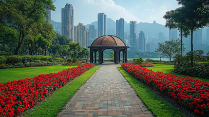 serene urban park featuring vibrant flower beds, gazebo, and modern skyscrapers in background, creating peaceful escape