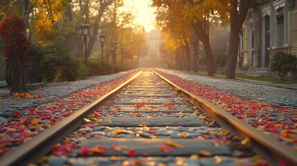 Autumnal train tracks, sunlit path, city park, fallen leaves