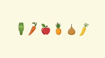 Wall Mural - A collection of colorful fruits and vegetables including celery, carrot, apple, pineapple, pear, and banana. Perfect for food-related designs, healthy eating, and nutrition topics.