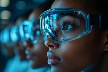 Fototapete - Close-up of diverse individuals wearing protective goggles in a high-tech laboratory setting during a scientific experiment