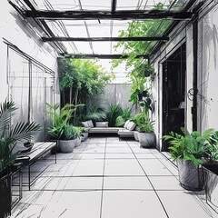 Wall Mural - Indoor garden area art black and white flat design simple line hand drawing on plain white background