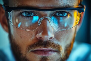 Leinwandbilder - Focused scientist working on research with protective gear in a lab environment during evening hours