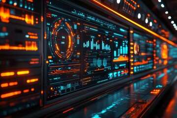 Leinwandbilder - Futuristic control room with glowing interfaces showcasing data and analytics during a late-night operation