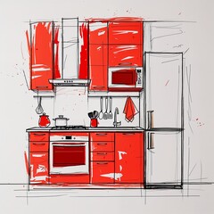 Wall Mural - Kitchen area art red and beige flat design simple line hand drawing on plain white background