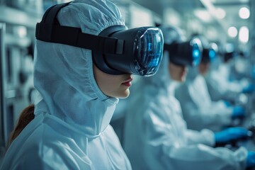 Leinwandbilder - Scientists conduct research using virtual reality technology in a laboratory during evening hours