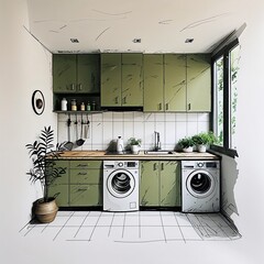 Wall Mural - Laundry room area art olive green and tan flat design simple line hand drawing on plain white background