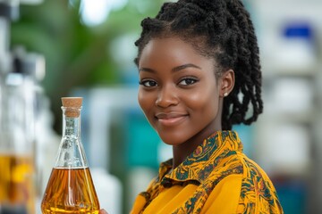 Aufkleber - Laboratory assistant holding a flask of amber liquid in a modern research facility