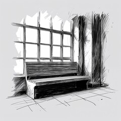 Wall Mural - Reading bench area art black and white flat design simple line hand drawing on plain white background