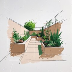 Wall Mural - Rooftop garden area art beige and green flat design simple line hand drawing on plain white background