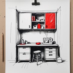 Wall Mural - Sewing room area art white and red flat design simple line hand drawing on plain white background