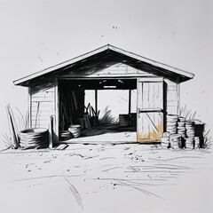 Wall Mural - Shed area art black and white flat design simple line hand drawing on plain white background