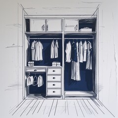 Wall Mural - Walk in closet area art navy and white flat design simple line hand drawing on plain white background