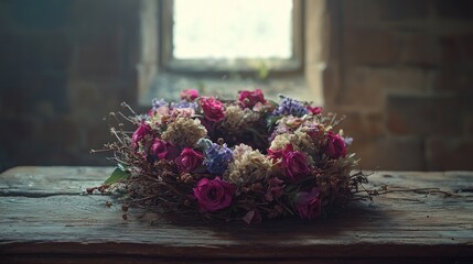 Wall Mural - Flower wreath on rustic table by castle window