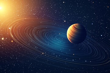 Poster - Bright gas giant surrounded by swirling rings in a vast cosmic landscape