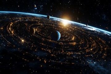 Poster - Cosmic dance of celestial bodies amidst stars and glowing trails in deep space