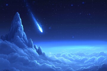 Aufkleber - Bright comet travels across the night sky illuminating majestic mountain peaks and fluffy clouds