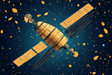 Aufkleber - Exploration of a modern satellite orbiting through a starry backdrop with floating particles in space