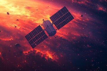 Aufkleber - High-resolution satellite navigating through vibrant cosmic clouds and asteroids in deep space