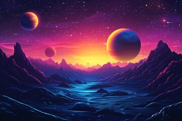 Aufkleber - Colorful cosmic landscape with distant planets and mountain range at twilight
