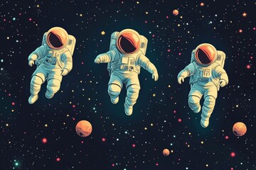 Aufkleber - Three astronauts floating in space surrounded by stars and planets in a colorful cosmic setting