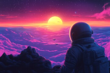 Poster - Astronaut watches a vibrant sunset over a cloud-covered planet in deep space