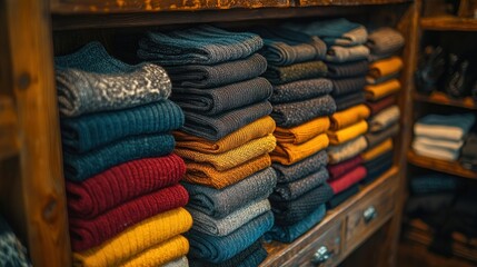 Wall Mural - Folded socks on wooden shelves in store, blurred background