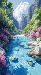 Canvas Print - Vibrant Tropical River Landscape with Pink Flowers