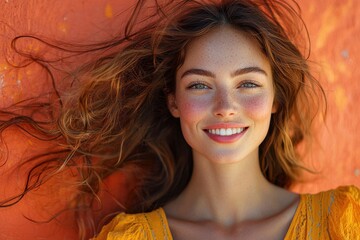 Wall Mural - Bright smile of a young woman with wavy hair against an orange wall during daytime