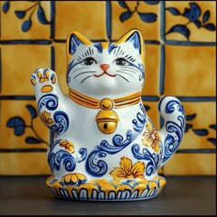 A charming ceramic cat figurine in blue and yellow colors, adorned with floral patterns, is raised on a wooden surface, backed by a bright tile wall