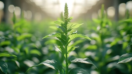 Wall Mural - Greenhouse plant, detailed view, sunlight, blurred background