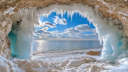 Sticker - Frozen cave opening to winter beach scene