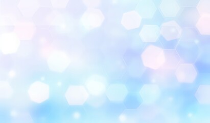 Light blue background with hexagons and white bokeh effect, soft gradient at the bottom edge, pale yellow accents