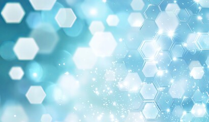Light blue background with hexagons and white bokeh effect, soft gradient at the bottom edge, pale yellow accents