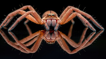 Huntsman spider macro, studio reflection, dark background, wildlife photography