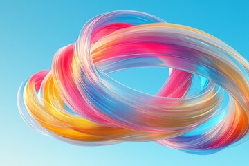 Fototapete - Colorful swirling ribbons create a dynamic art piece against a clear blue sky showcasing creativity and visual appeal