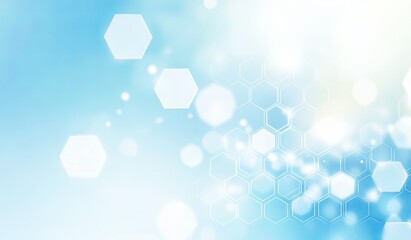 Light blue background with hexagons and white bokeh effect, soft gradient at the bottom edge, pale yellow accents