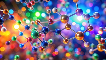 A colorful and abstract molecular structure illuminated by an array of bokeh lights, suggesting a vibrant and dynamic interaction of particles in a microscopic realm.