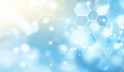 light blue background with hexagons and white bokeh effect, soft gradient at the bottom edge, pale y