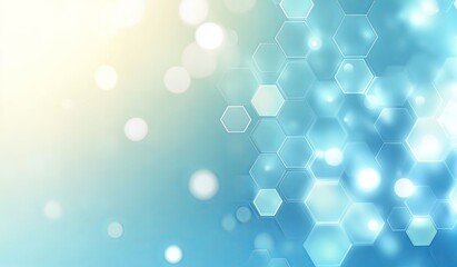 light blue background with hexagons and white bokeh effect, soft gradient at the bottom edge, pale y