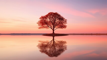 Wall Mural - Serene Reflection of a Majestic Tree on a Quiet Lake at Dusk with Vibrant Colors and Tranquil Atmosphere