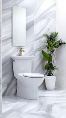 Sticker - Modern bathroom with elegant marble walls, a stylish toilet, and a decorative plant in a pot